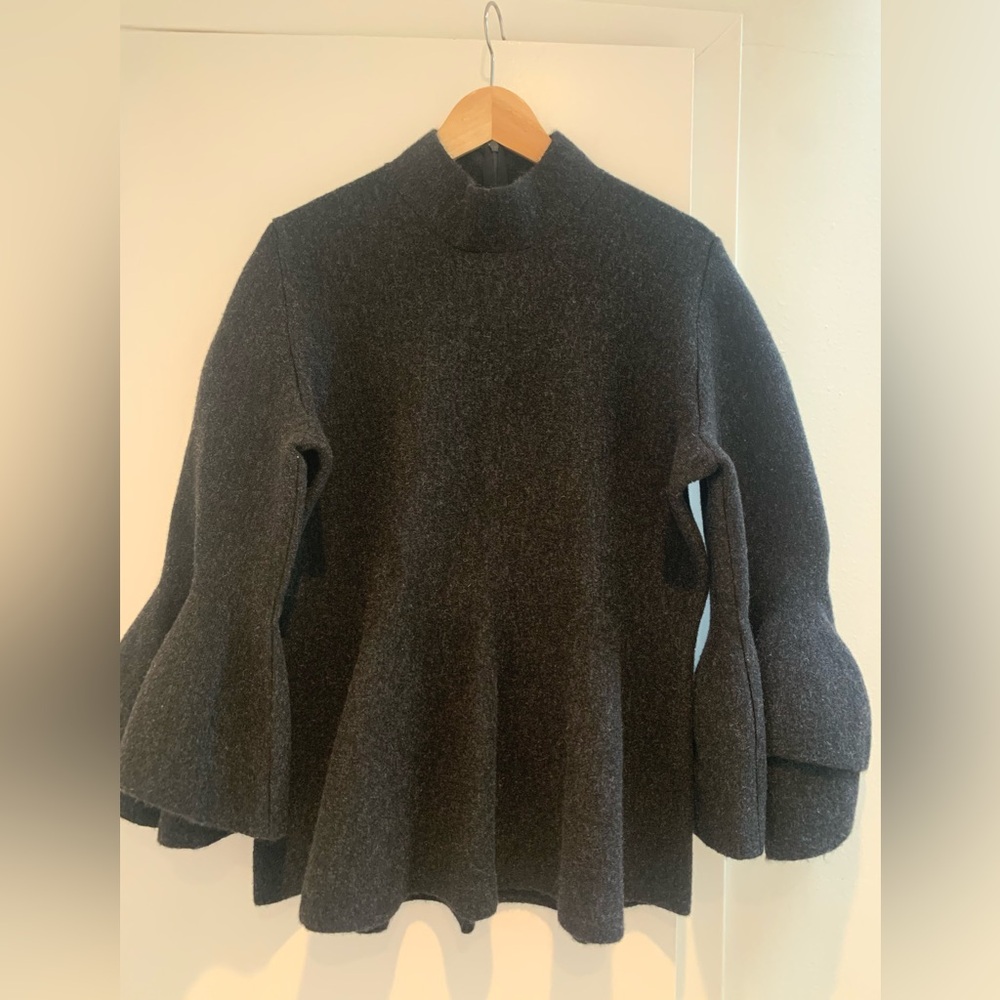 Brandon Maxwell Heather Black Wool Flared Sleeve Sweater, New with Tags